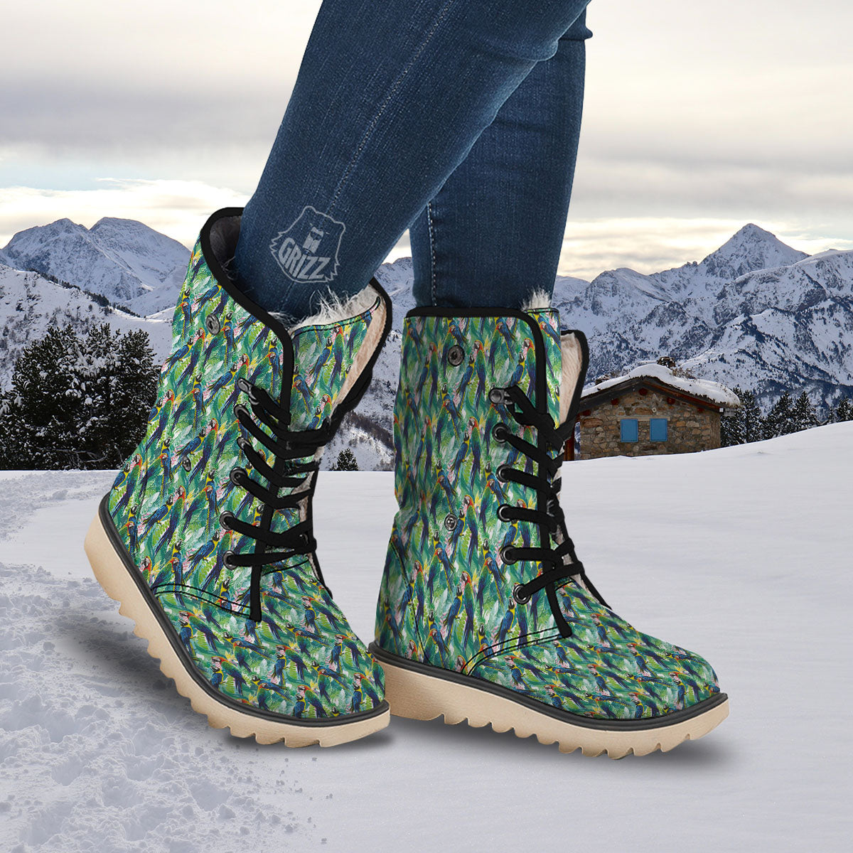 Flower And Parrot Print Pattern Snow Boots-grizzshop