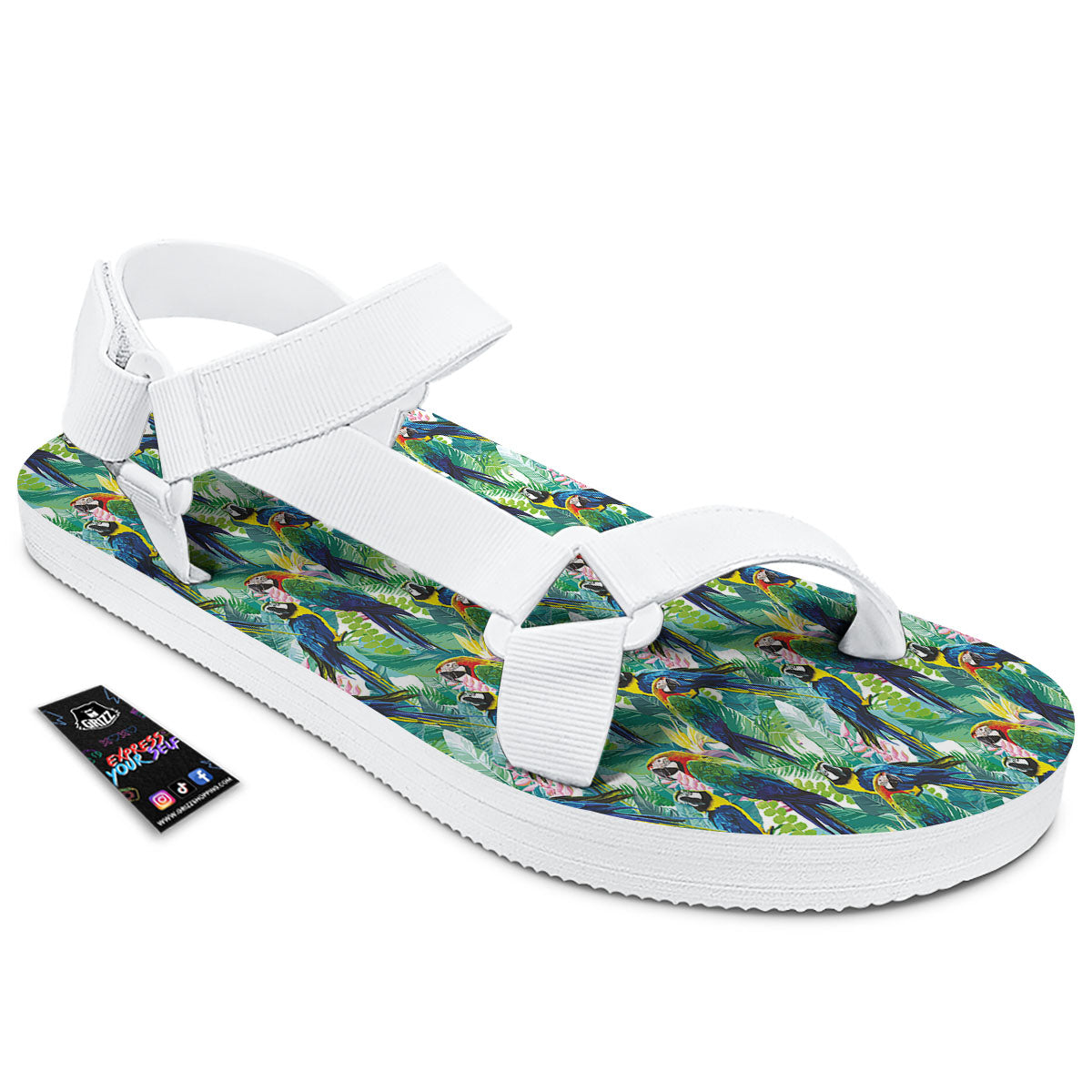 Flower And Parrot Print Pattern White Open Toe Sandals-grizzshop