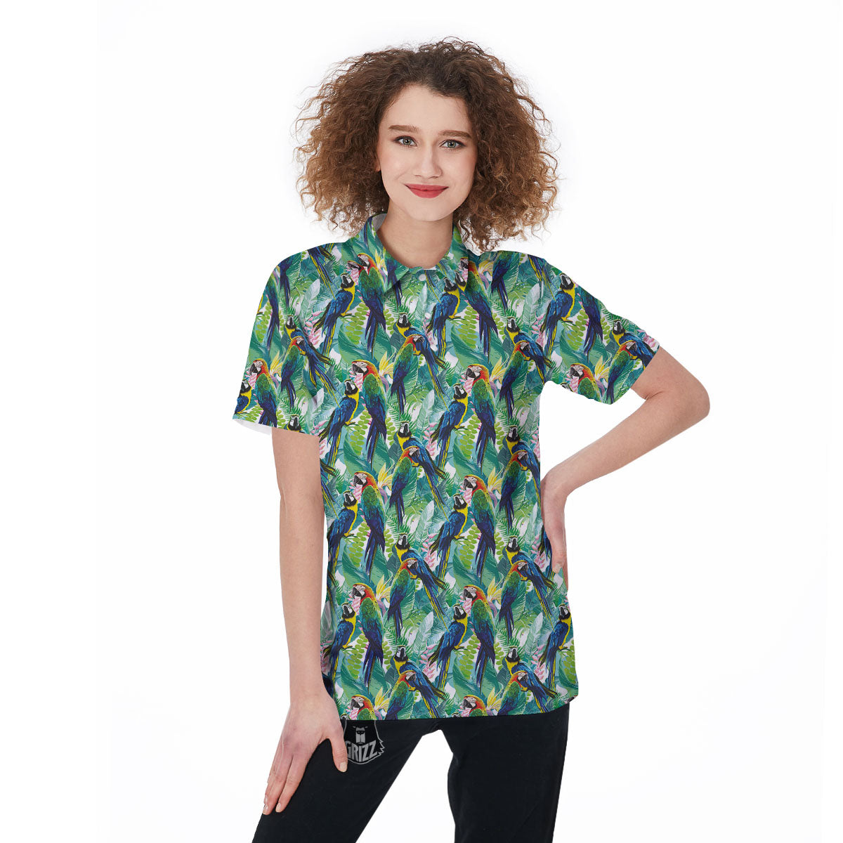 Flower And Parrot Print Pattern Women's Golf Shirts-grizzshop