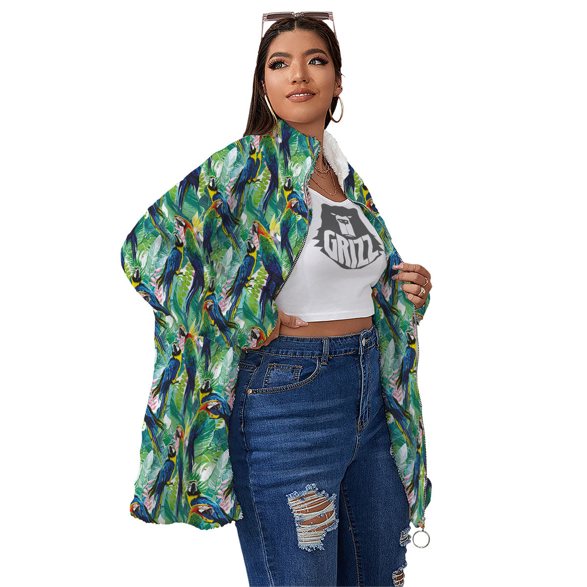 Flower And Parrot Print Pattern Women's Sherpa Jacket-grizzshop