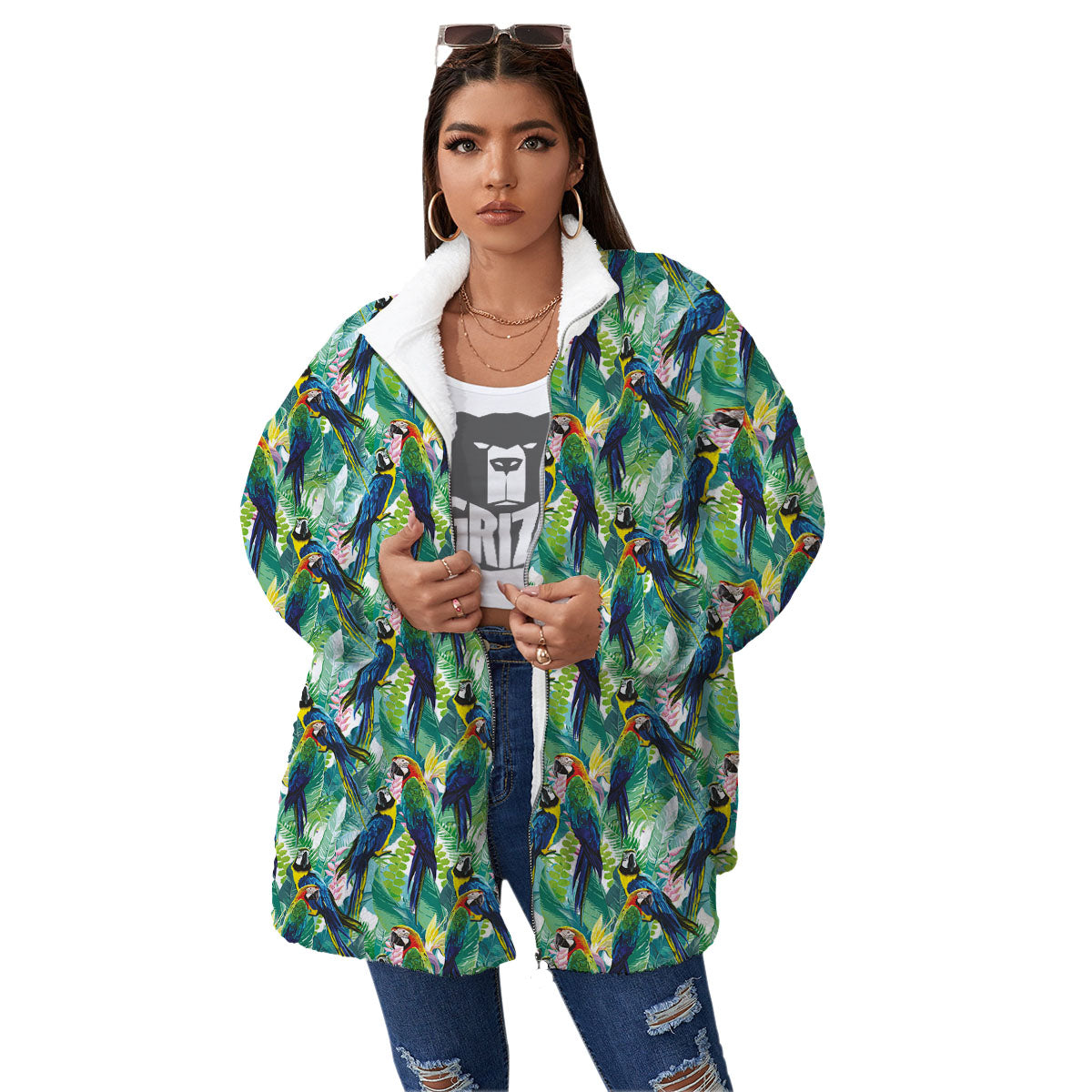 Flower And Parrot Print Pattern Women's Sherpa Jacket-grizzshop