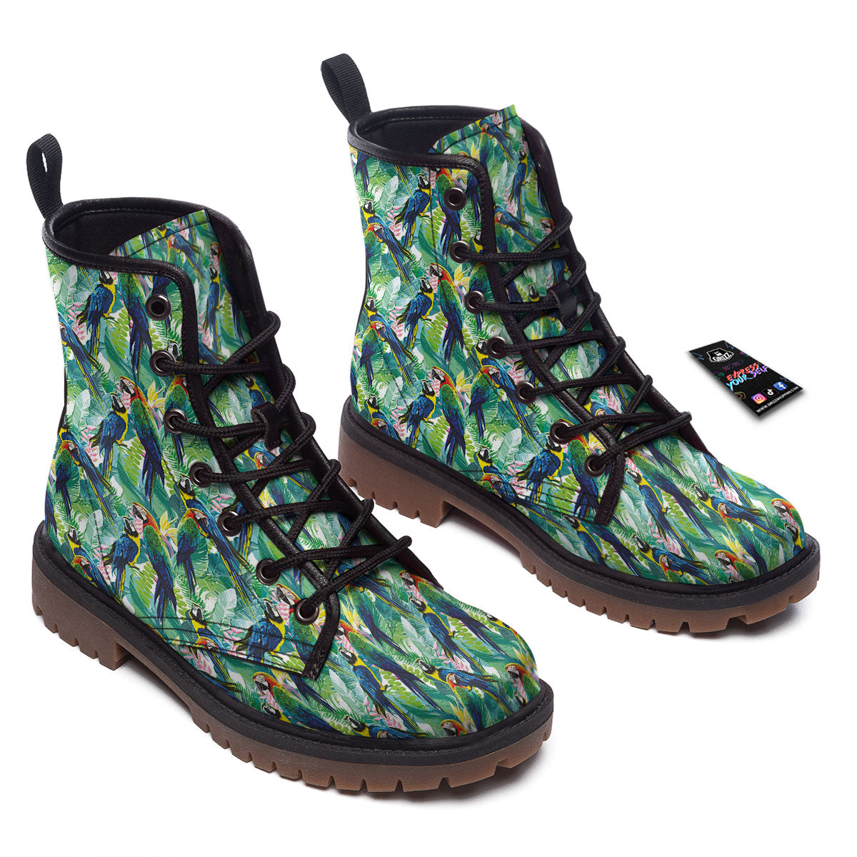 Flower And Parrot Print Pattern Work Boots-grizzshop
