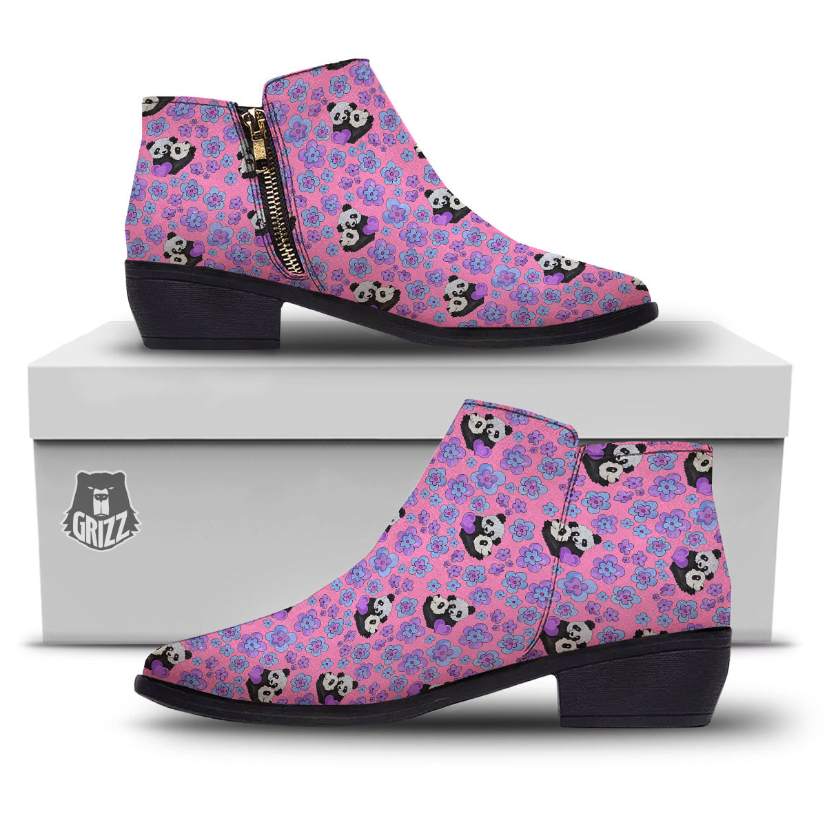 Flower And Purple Panda Print Pattern Ankle Boots-grizzshop