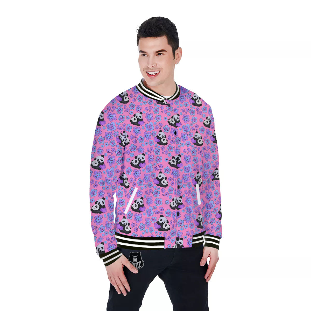 Flower And Purple Panda Print Pattern Baseball Jacket-grizzshop