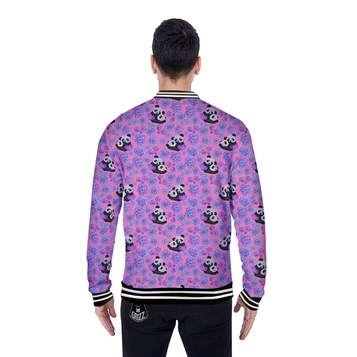 Flower And Purple Panda Print Pattern Baseball Jacket-grizzshop