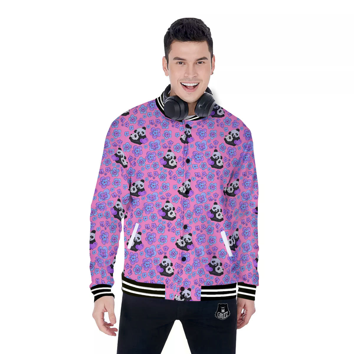 Flower And Purple Panda Print Pattern Baseball Jacket-grizzshop