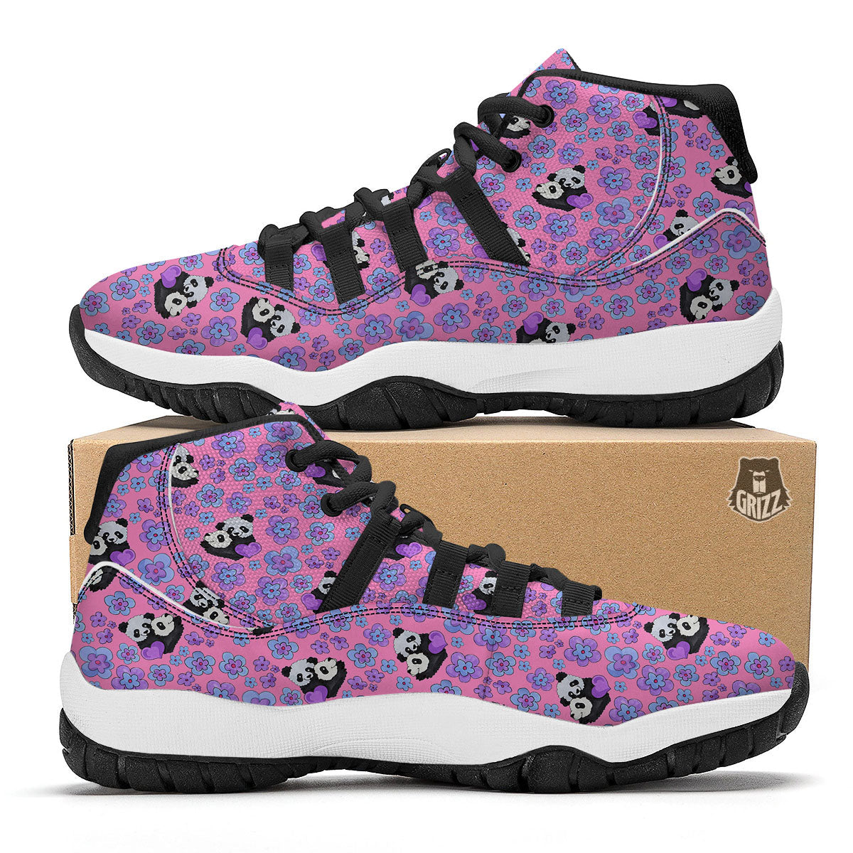 Flower And Purple Panda Print Pattern Black Bball Shoes-grizzshop