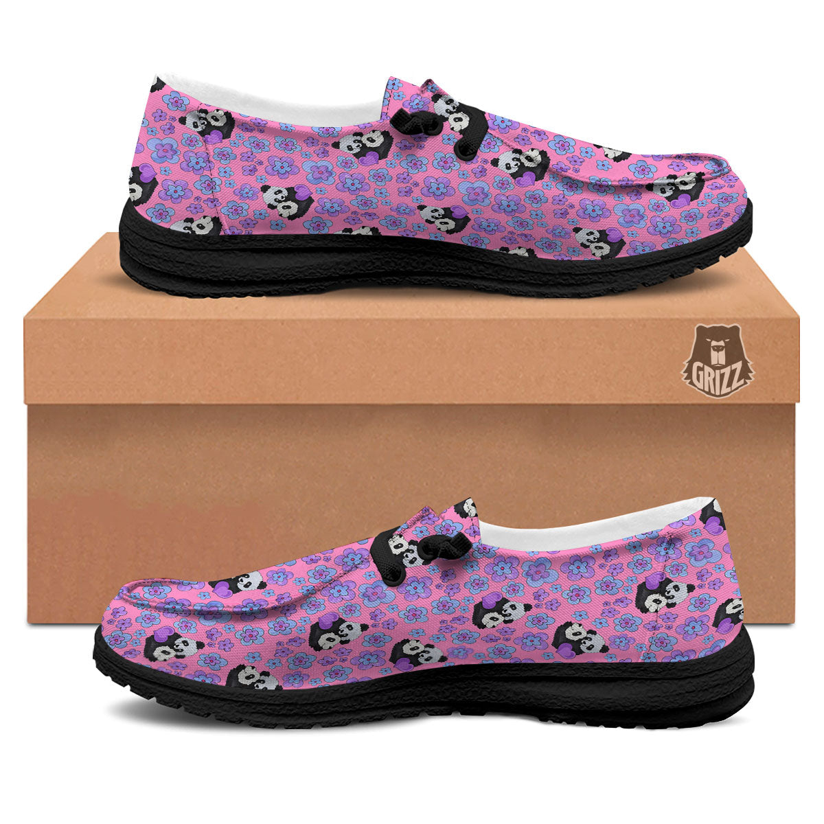 Flower And Purple Panda Print Pattern Black Loafers-grizzshop