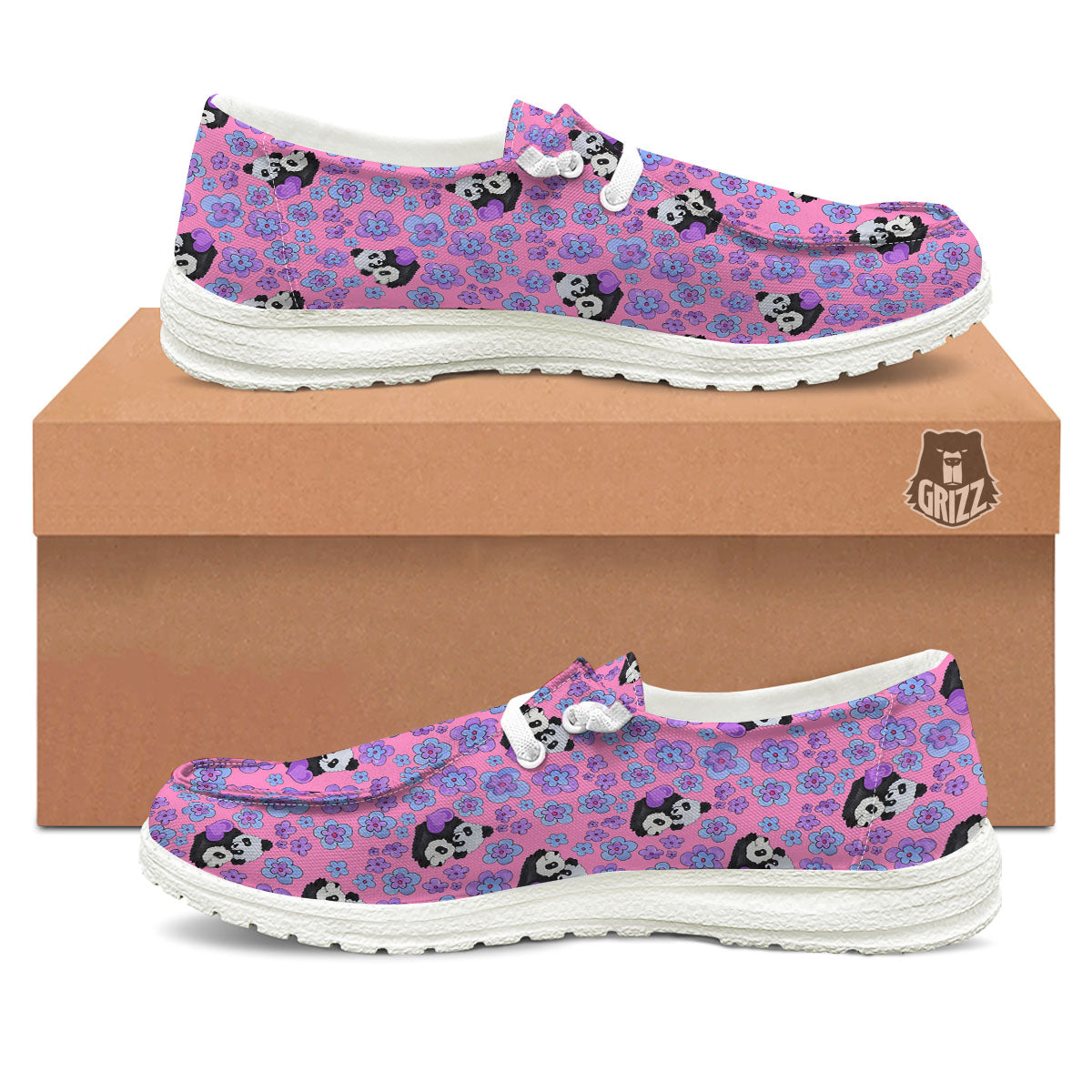 Flower And Purple Panda Print Pattern Black Loafers-grizzshop