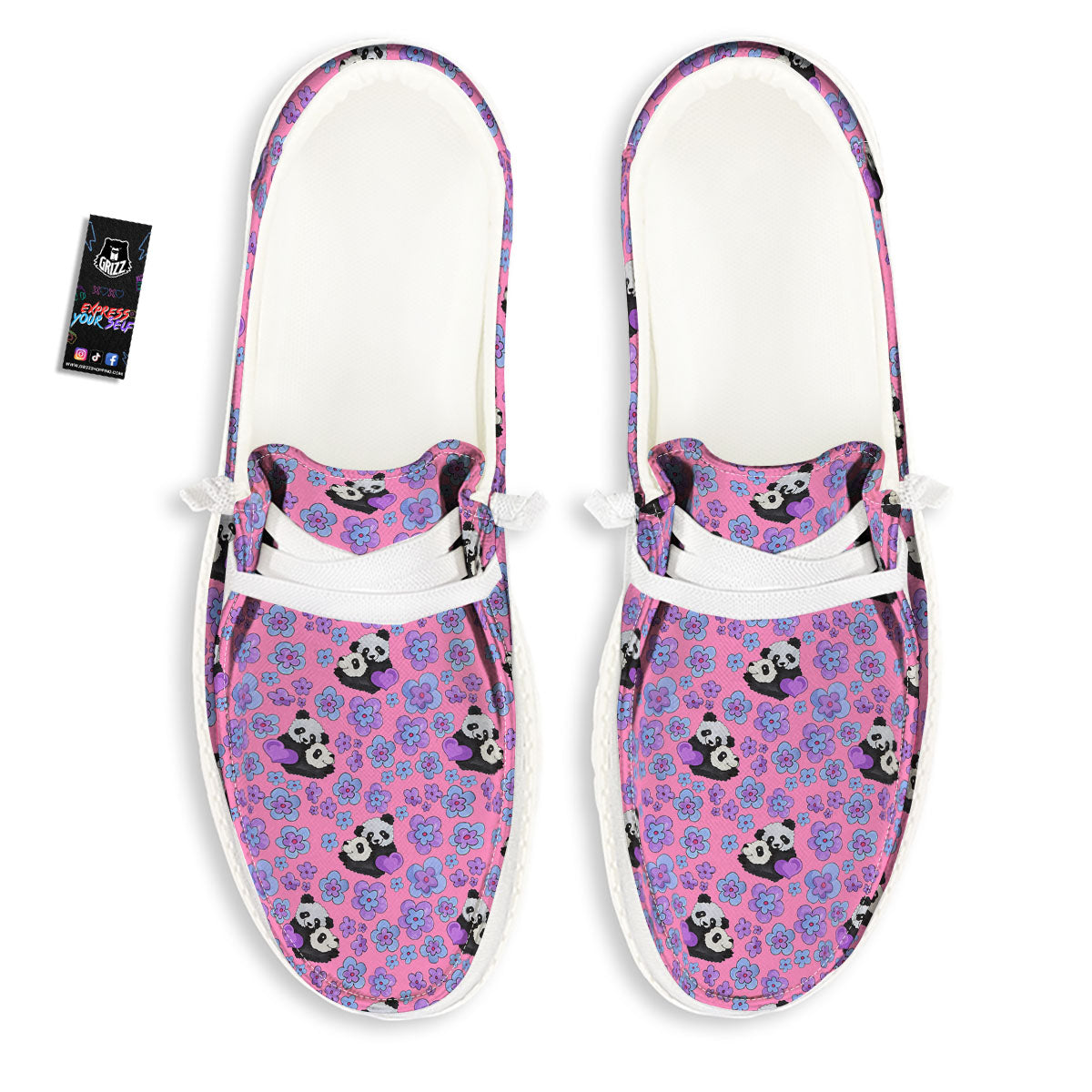 Flower And Purple Panda Print Pattern Black Loafers-grizzshop