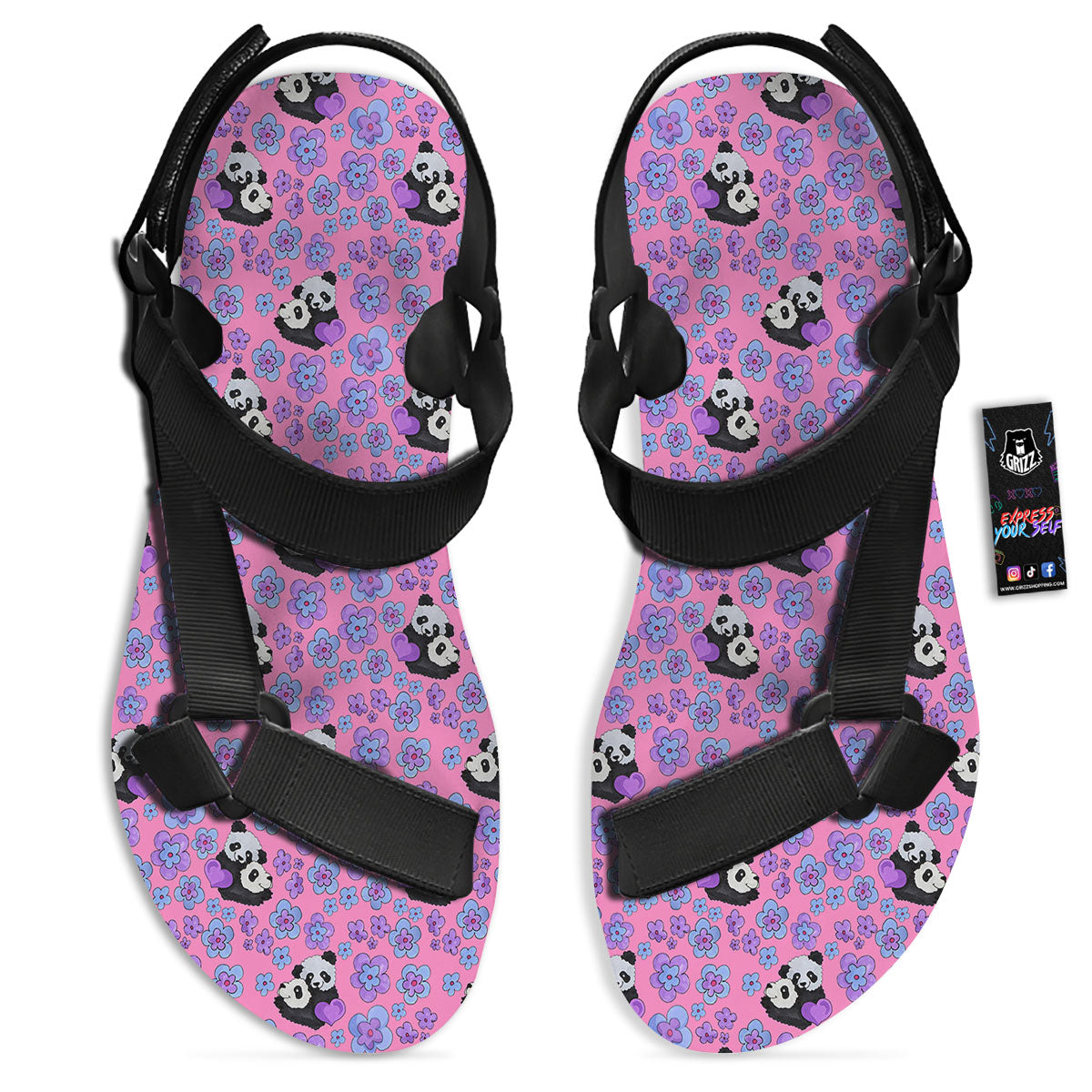 Flower And Purple Panda Print Pattern Black Open Toe Sandals-grizzshop