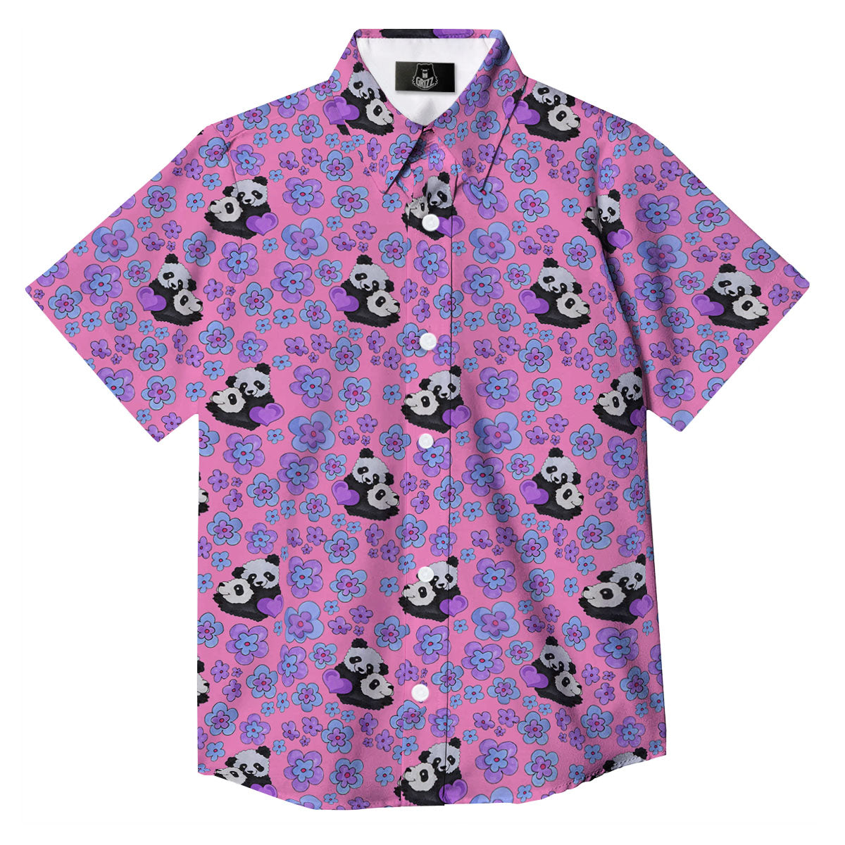 Flower And Purple Panda Print Pattern Button Up Shirt-grizzshop