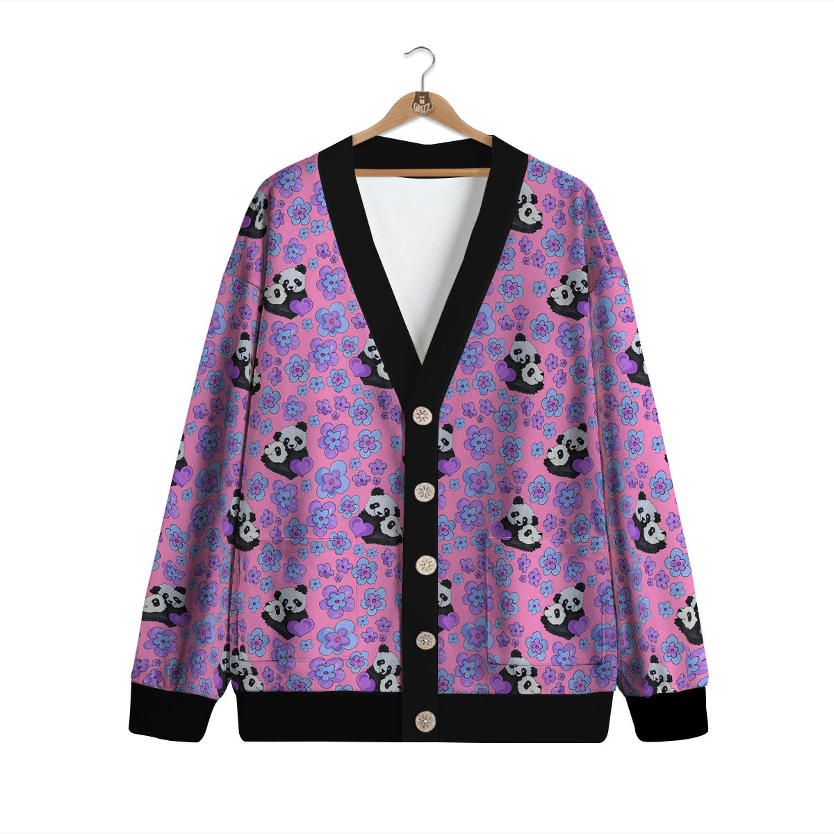 Flower And Purple Panda Print Pattern Cardigan-grizzshop