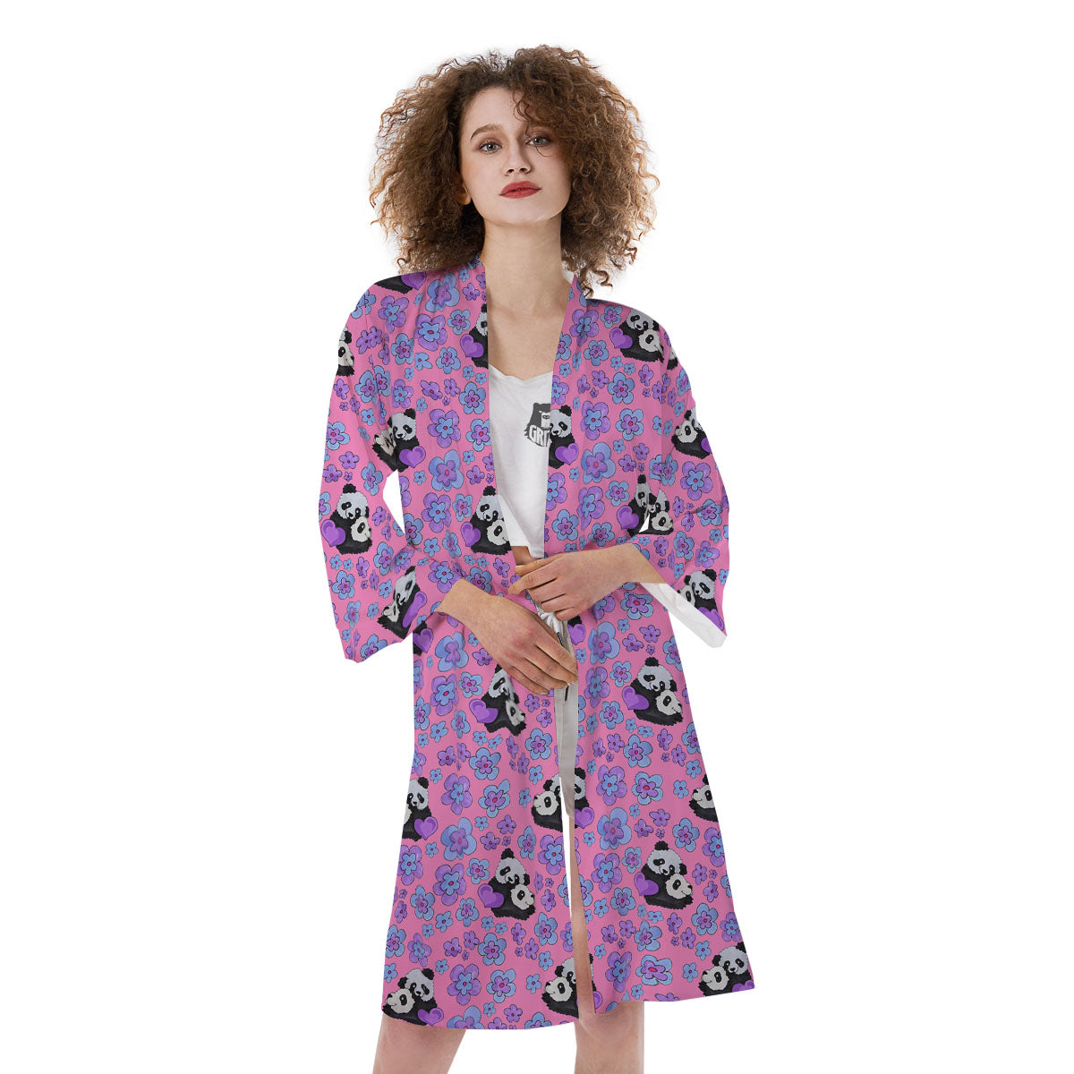 Flower And Purple Panda Print Pattern Kimono-grizzshop