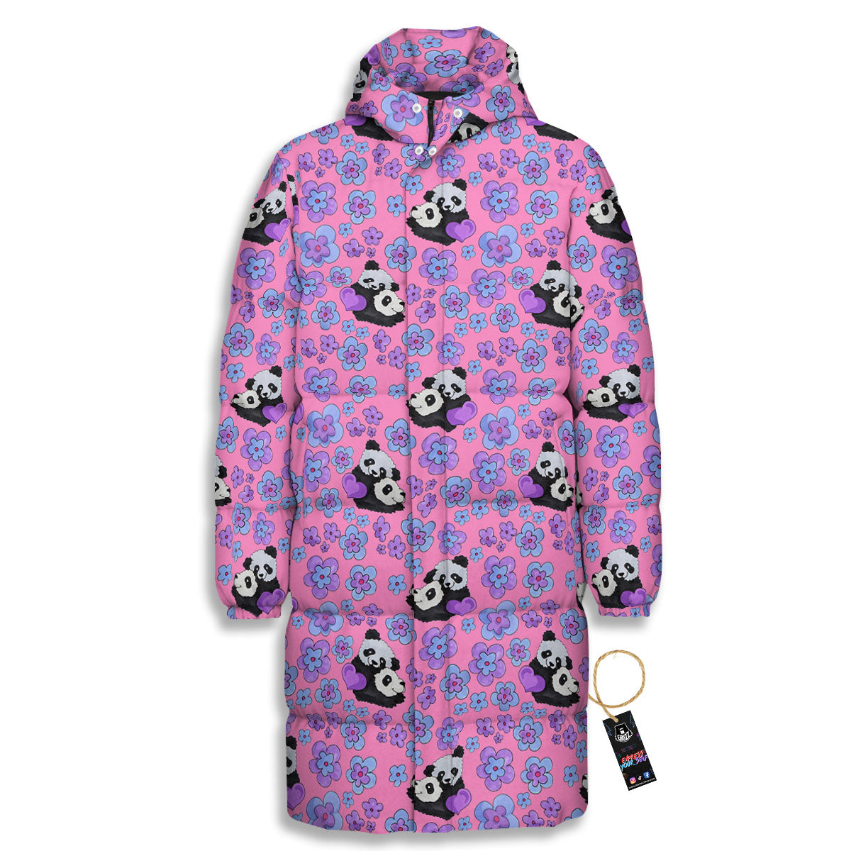 Flower And Purple Panda Print Pattern Long Down Jacket-grizzshop