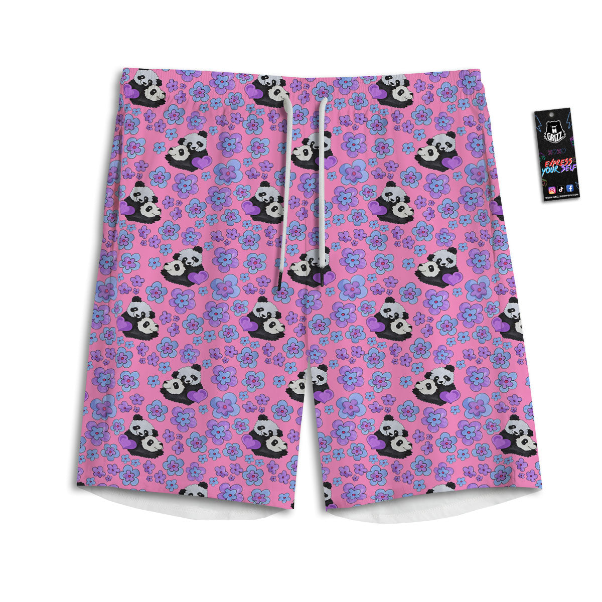 Flower And Purple Panda Print Pattern Men's Athletic Shorts