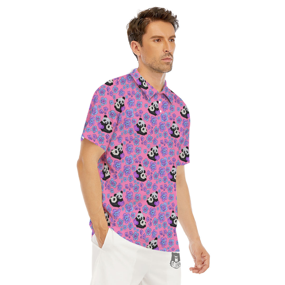 Flower And Purple Panda Print Pattern Men's Golf Shirts-grizzshop