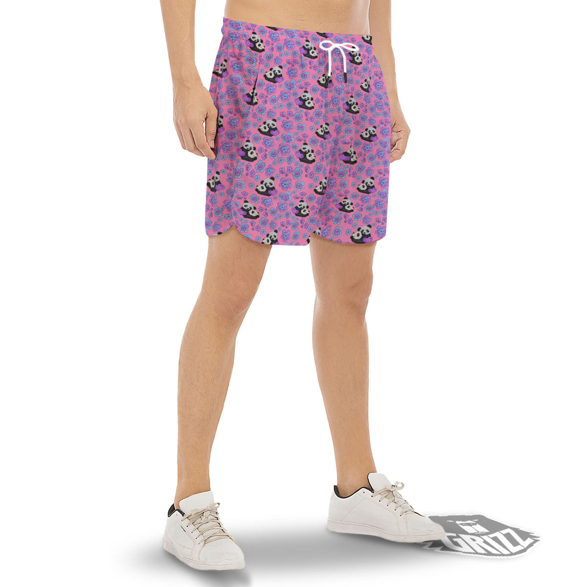Flower And Purple Panda Print Pattern Men's Gym Shorts-grizzshop