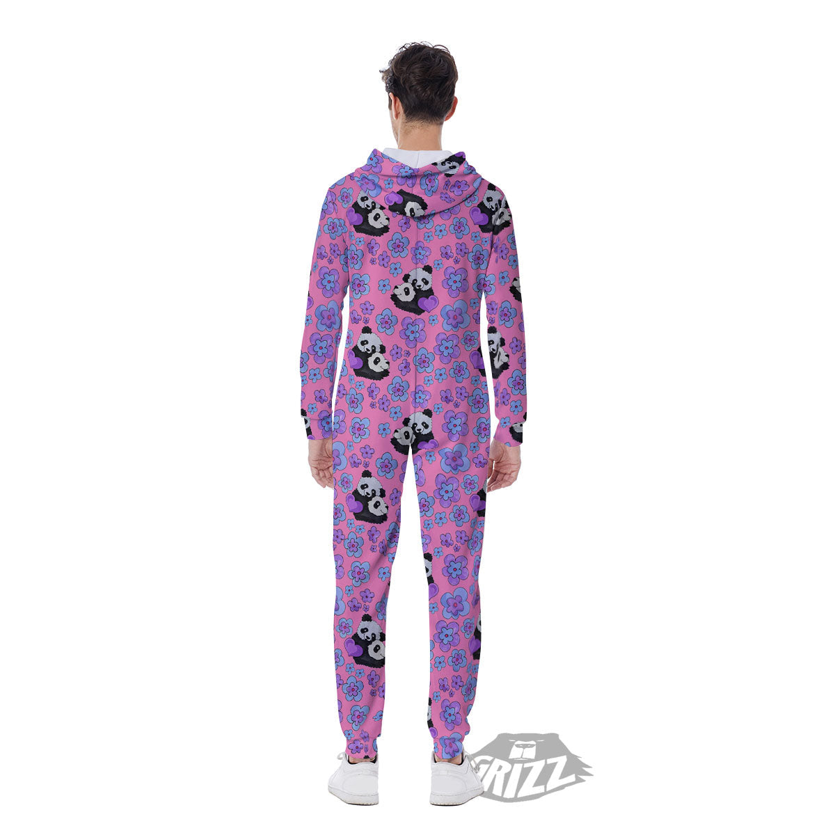 Flower And Purple Panda Print Pattern Men's Jumpsuit-grizzshop