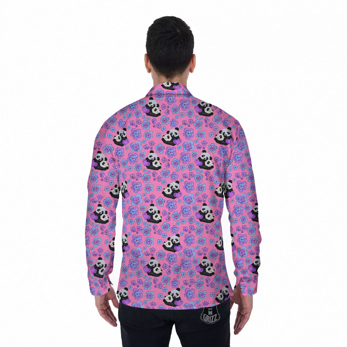 Flower And Purple Panda Print Pattern Men's Long Sleeve Shirts-grizzshop
