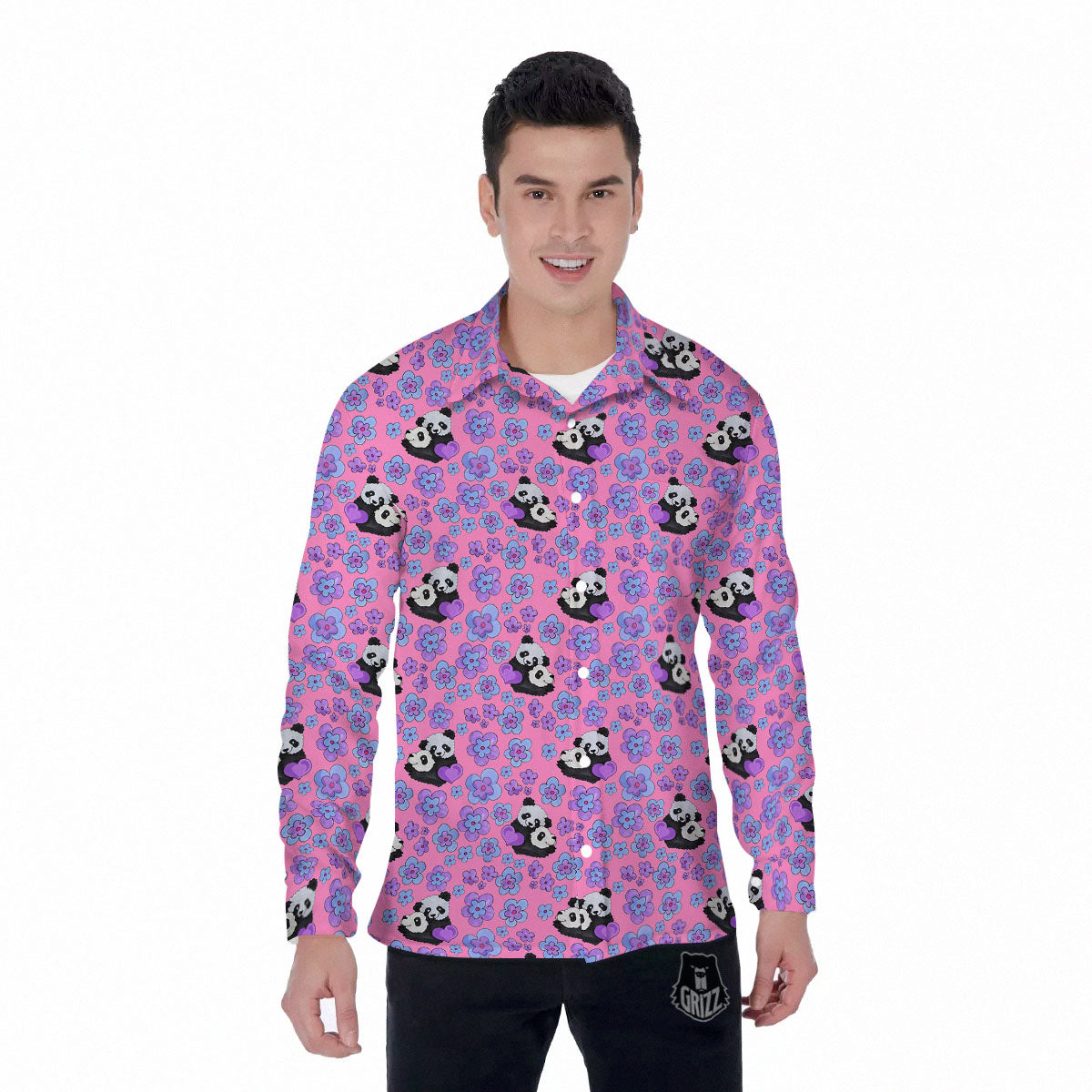 Flower And Purple Panda Print Pattern Men's Long Sleeve Shirts-grizzshop