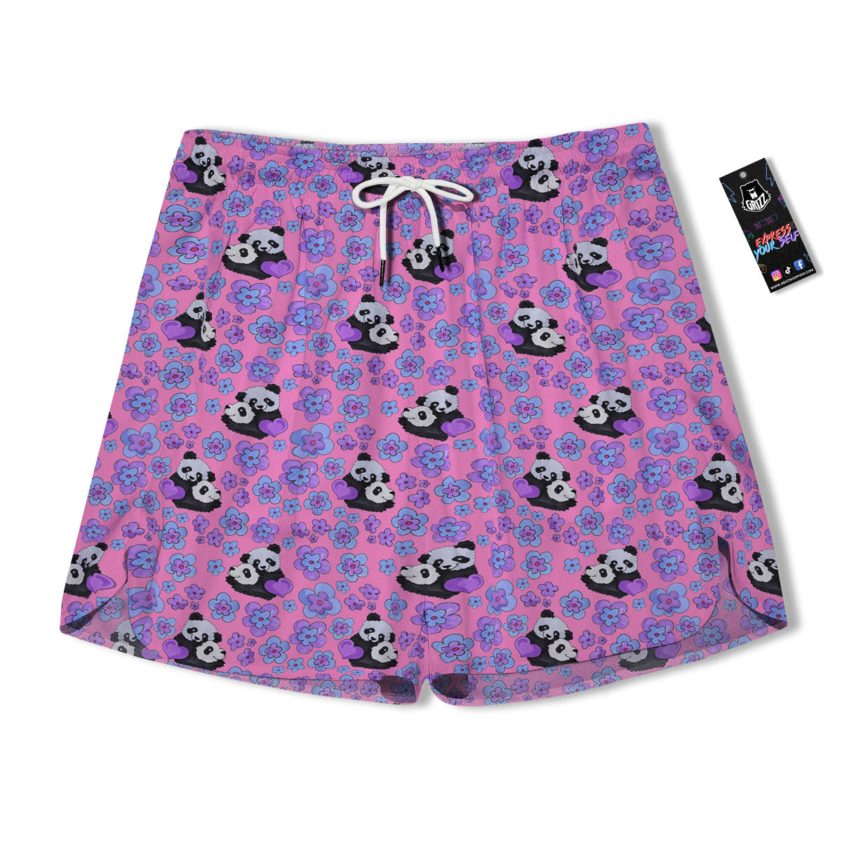 Flower And Purple Panda Print Pattern Men's Running Shorts-grizzshop