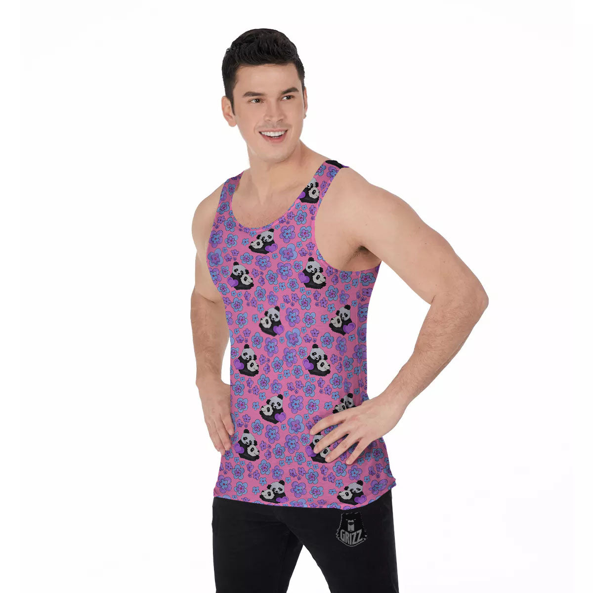 Flower And Purple Panda Print Pattern Men's Tank Top-grizzshop