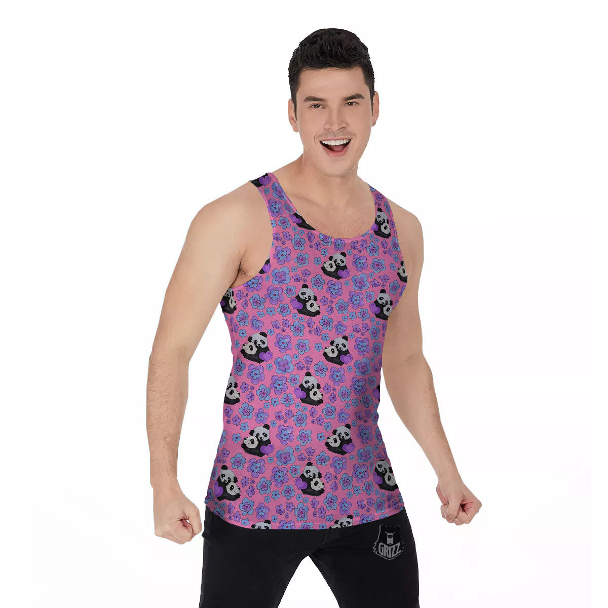 Flower And Purple Panda Print Pattern Men's Tank Top-grizzshop