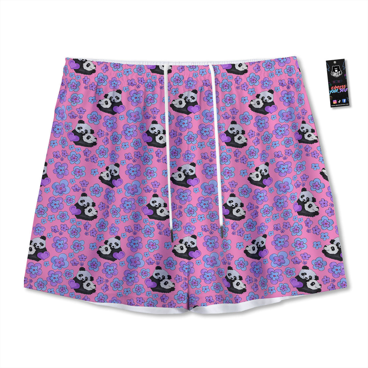 Flower And Purple Panda Print Pattern Mesh Shorts