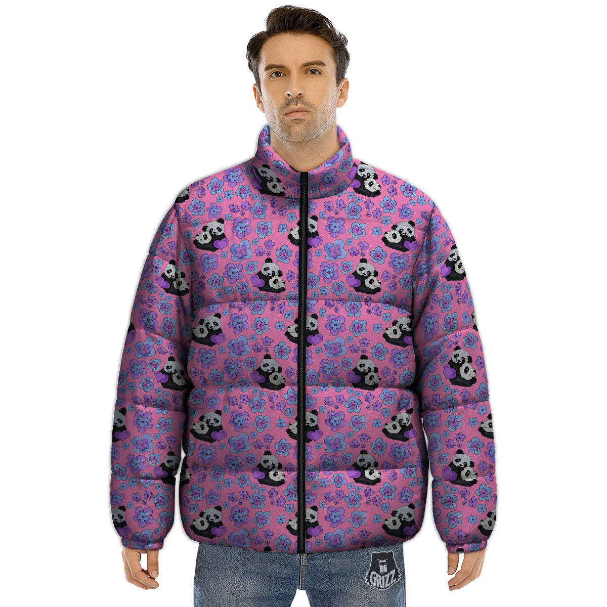 Flower And Purple Panda Print Pattern Puffer Jacket-grizzshop