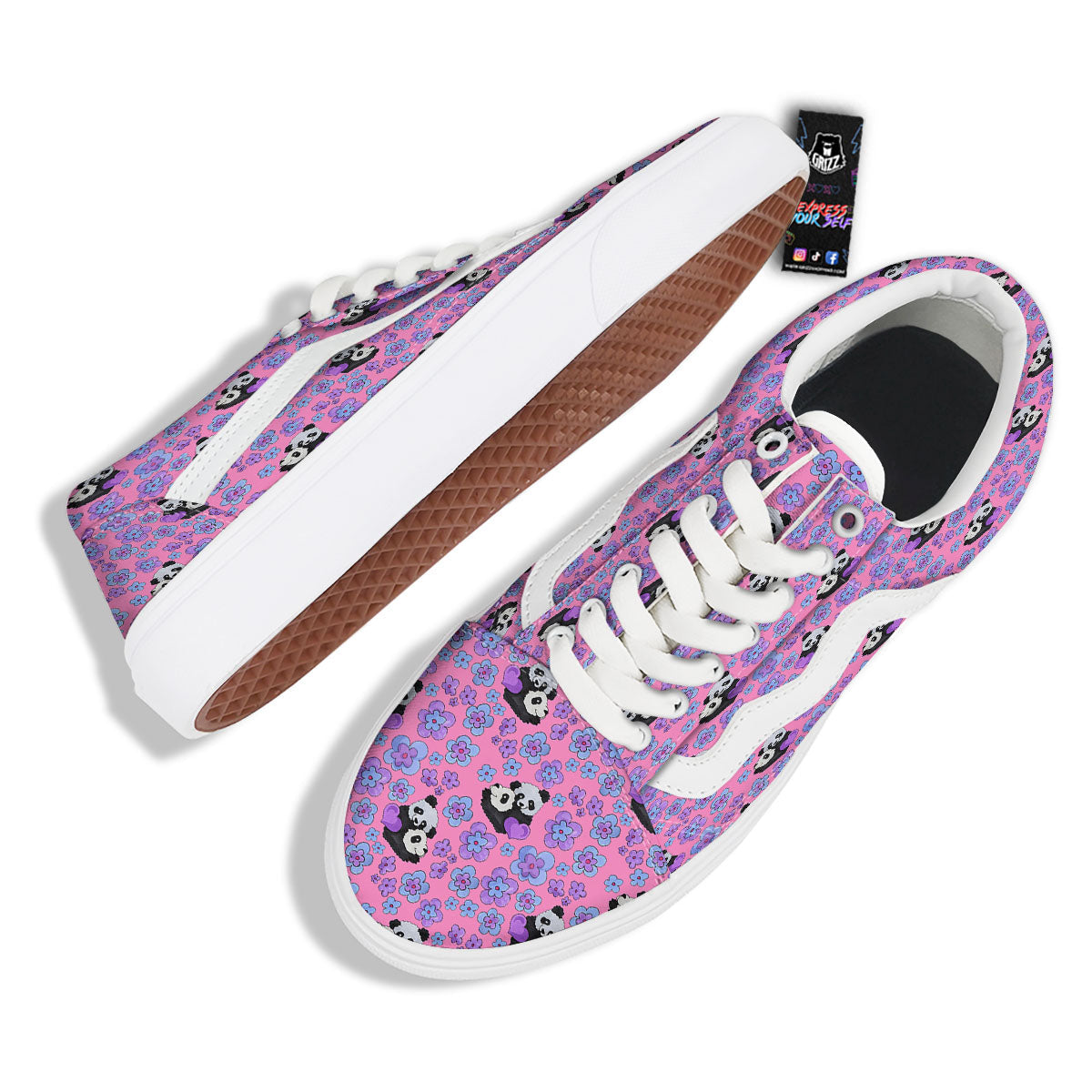 Flower And Purple Panda Print Pattern Skate Shoes-grizzshop