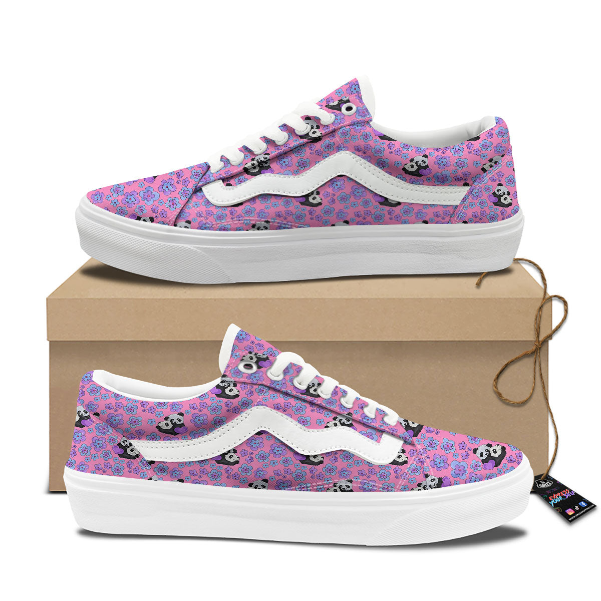 Flower And Purple Panda Print Pattern Skate Shoes-grizzshop