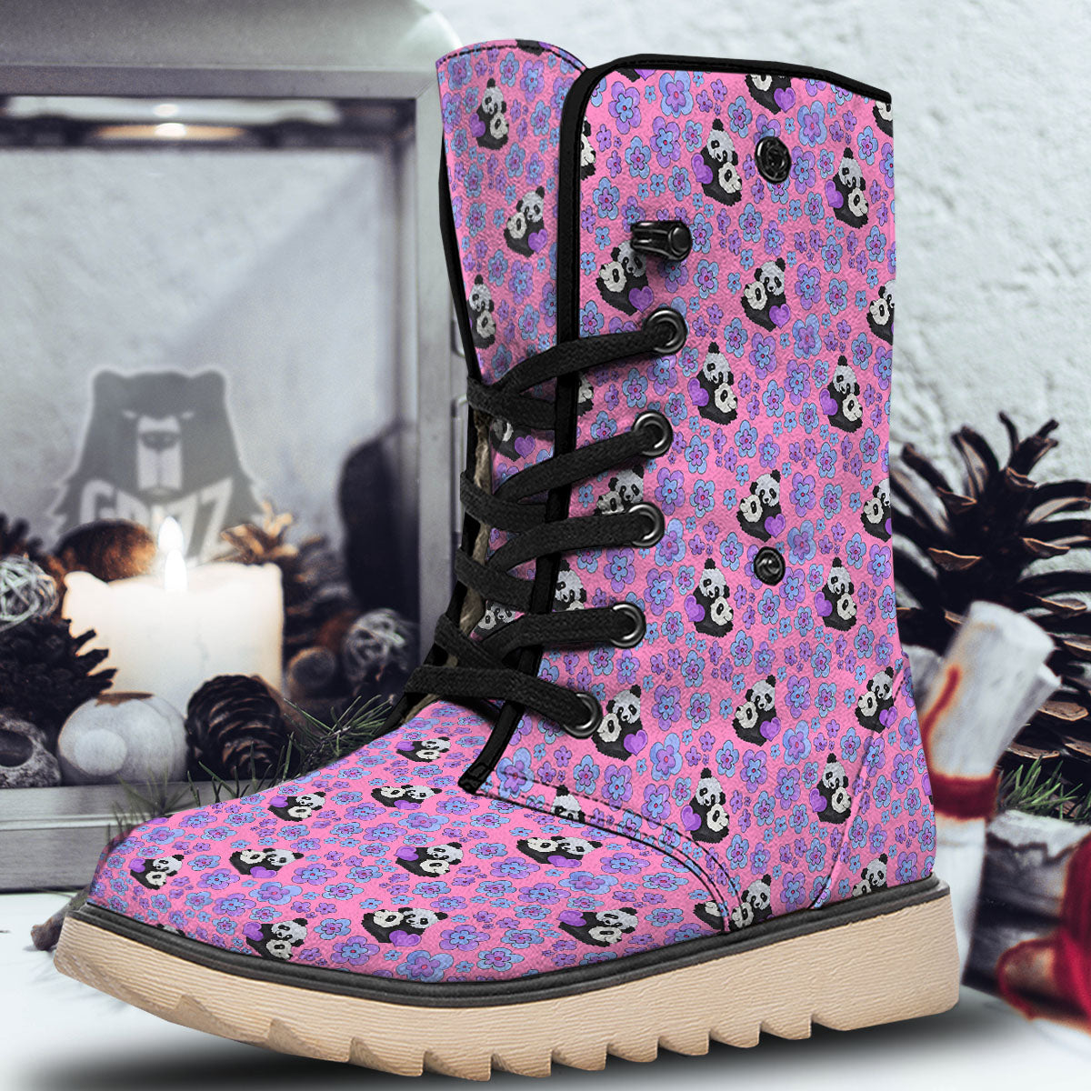 Flower And Purple Panda Print Pattern Snow Boots-grizzshop