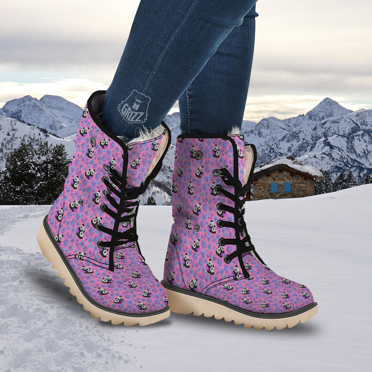 Flower And Purple Panda Print Pattern Snow Boots-grizzshop