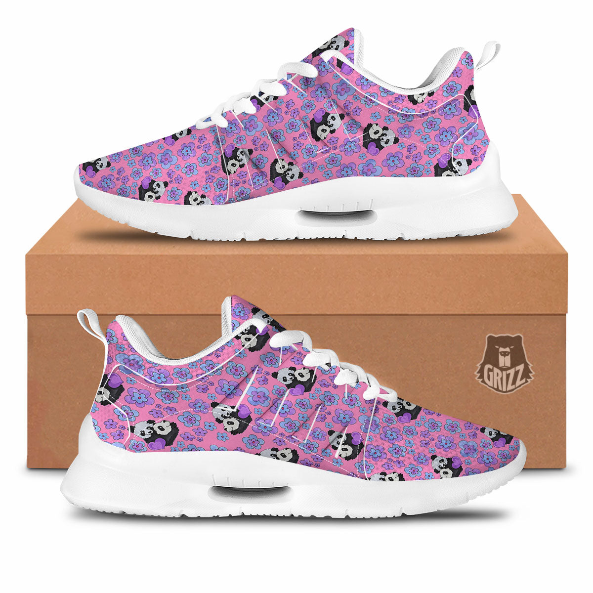 Flower And Purple Panda Print Pattern Tennis Shoes-grizzshop
