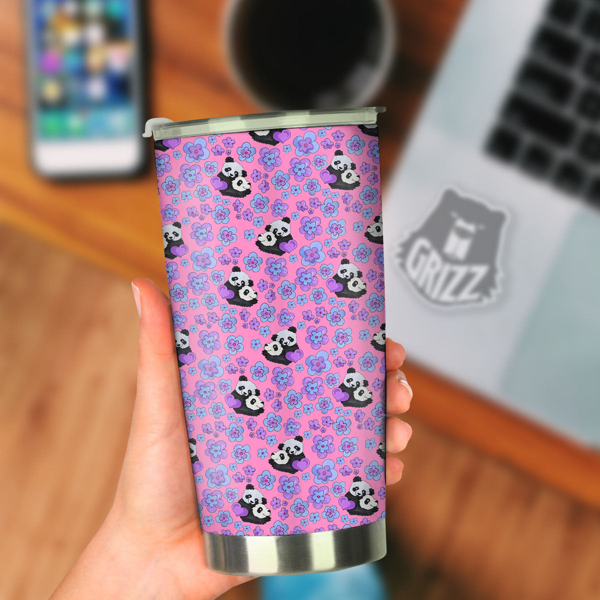 Flower And Purple Panda Print Pattern Tumbler-grizzshop
