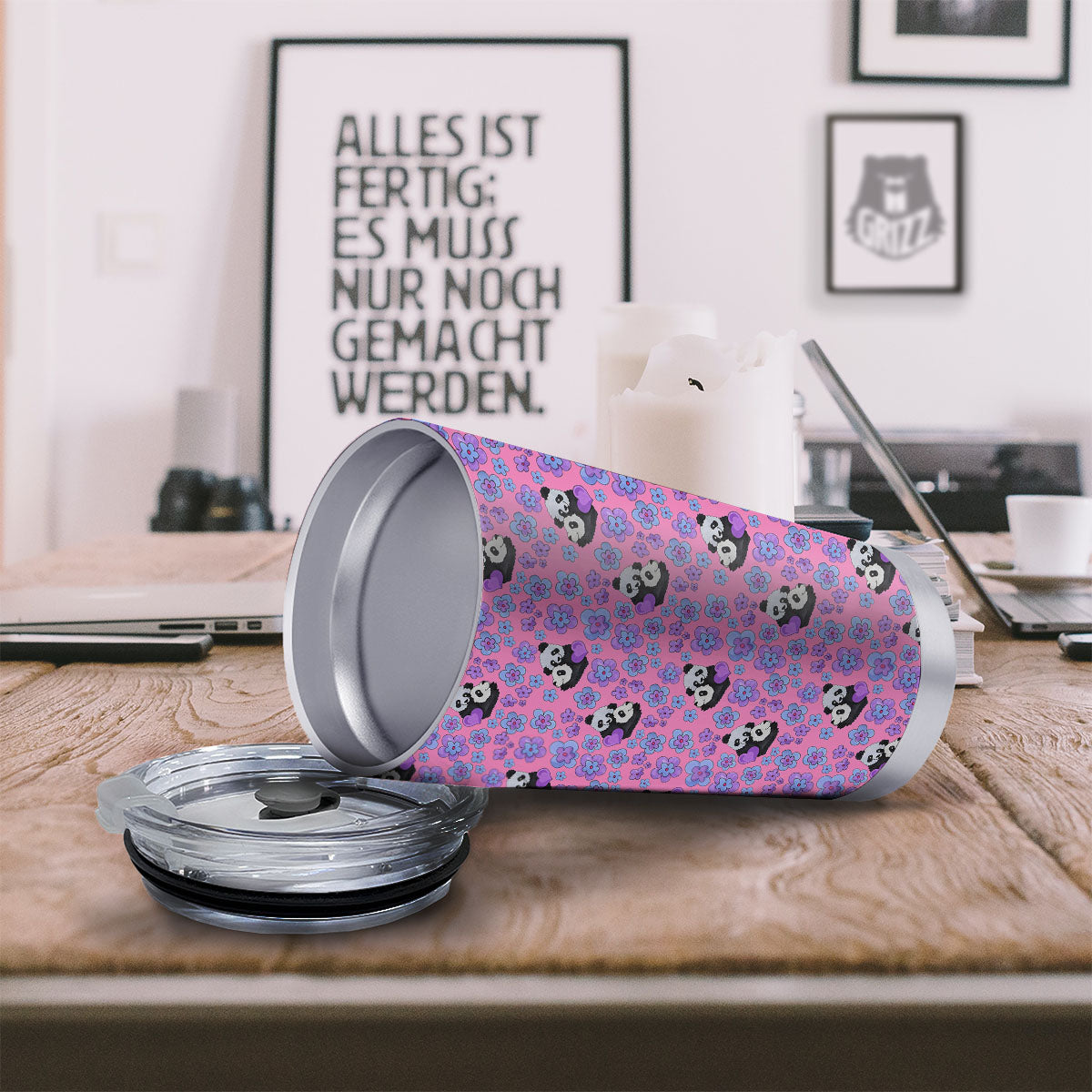 Flower And Purple Panda Print Pattern Tumbler-grizzshop