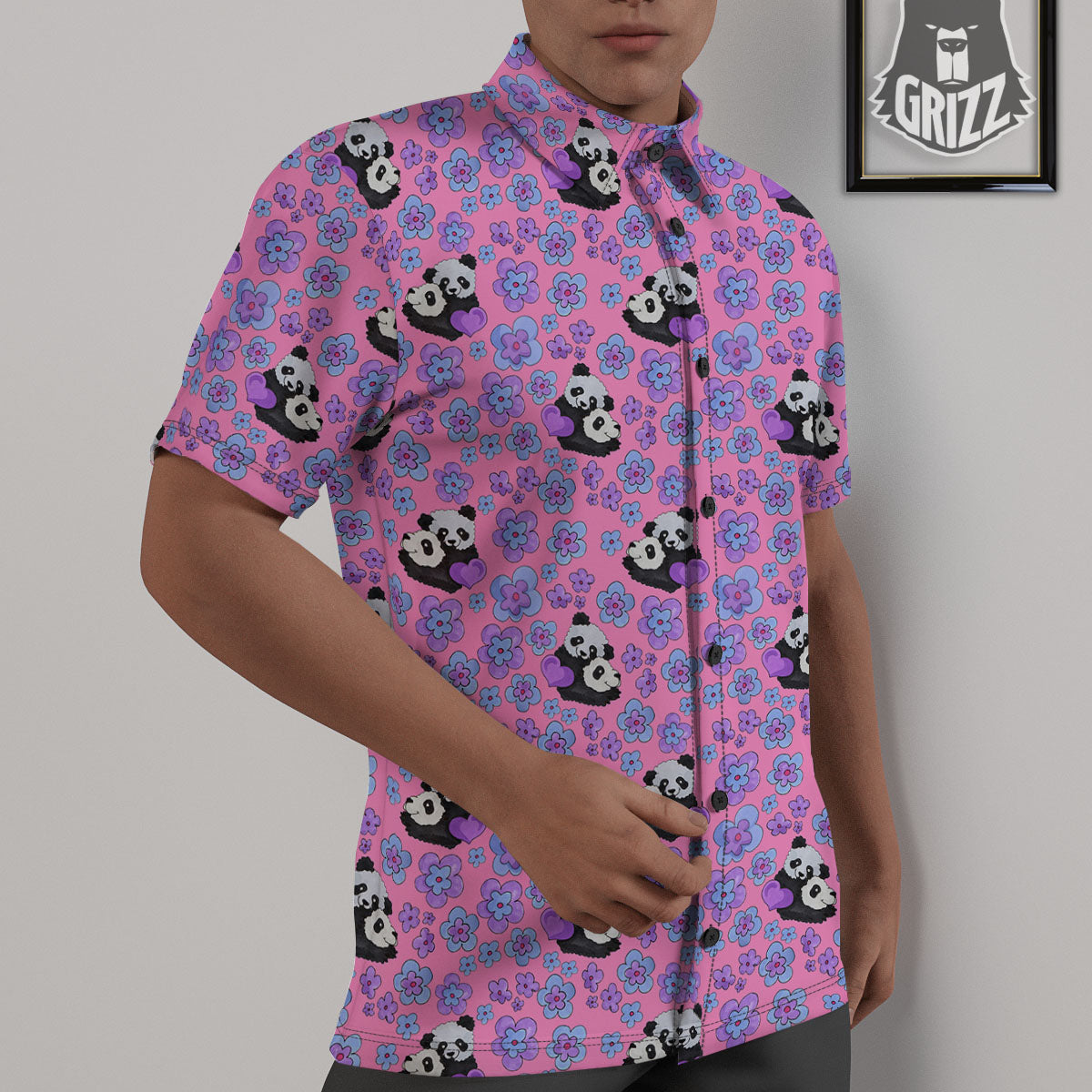 Flower And Purple Panda Print Pattern Untucked Shirts-grizzshop