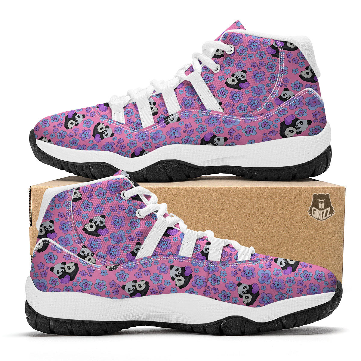 Flower And Purple Panda Print Pattern White Bball Shoes-grizzshop