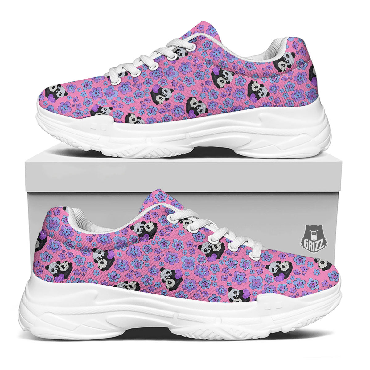 Flower And Purple Panda Print Pattern White Chunky Shoes-grizzshop