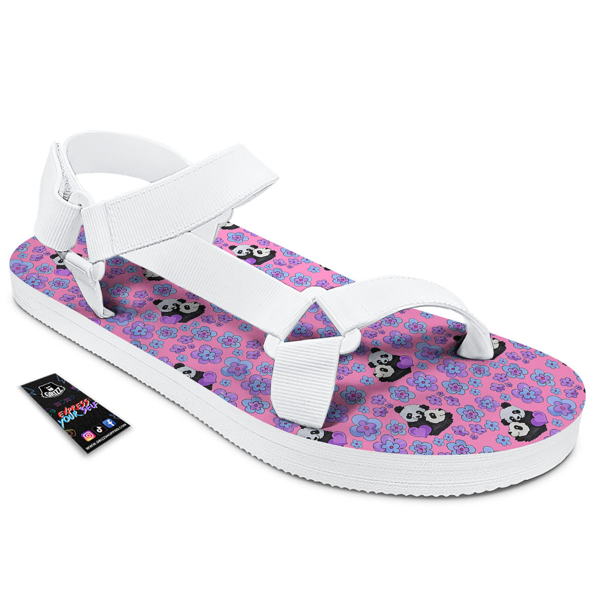 Flower And Purple Panda Print Pattern White Open Toe Sandals-grizzshop