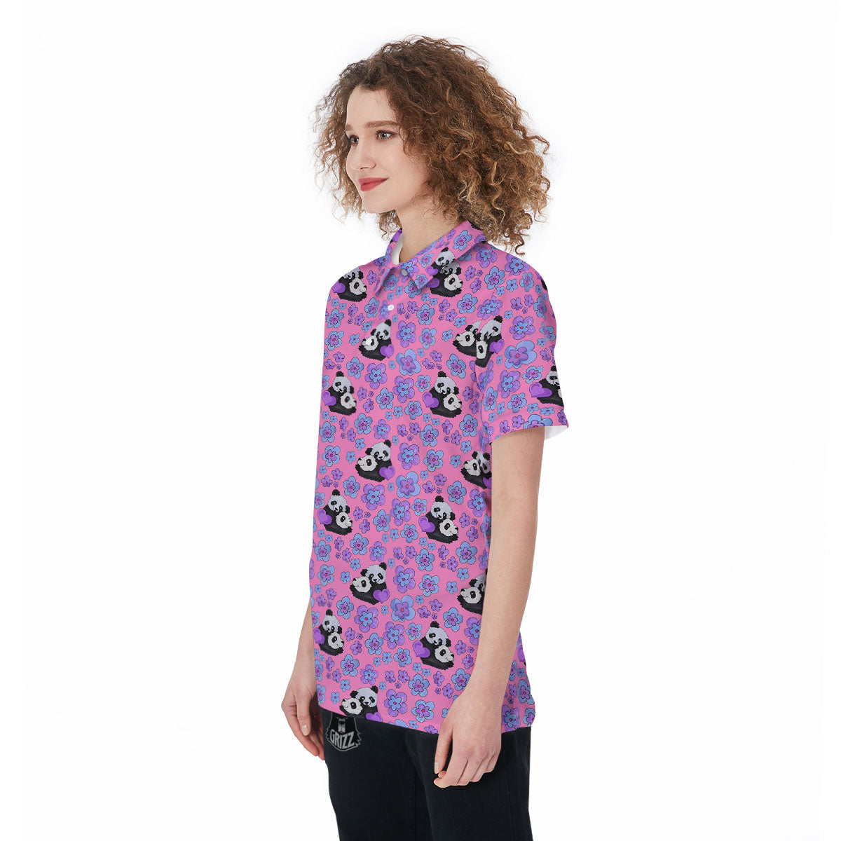 Flower And Purple Panda Print Pattern Women's Golf Shirts-grizzshop