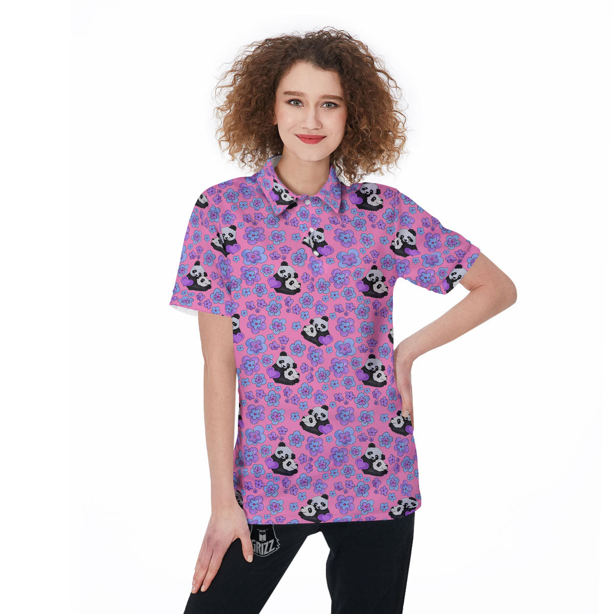 Flower And Purple Panda Print Pattern Women's Golf Shirts-grizzshop
