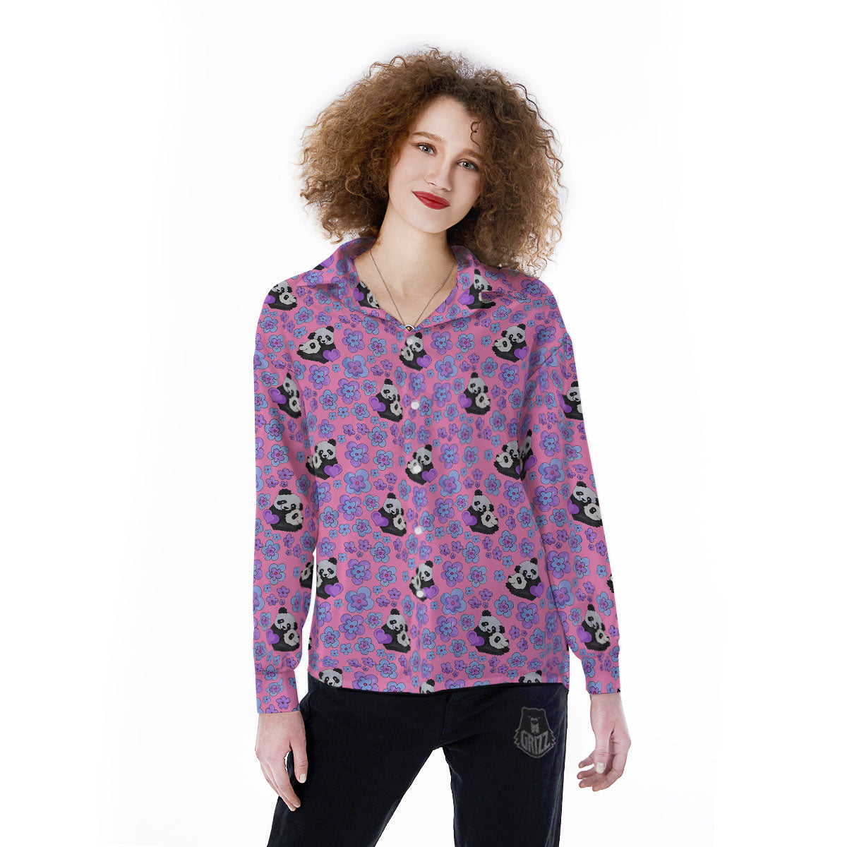 Flower And Purple Panda Print Pattern Women's Long Sleeve Shirts-grizzshop