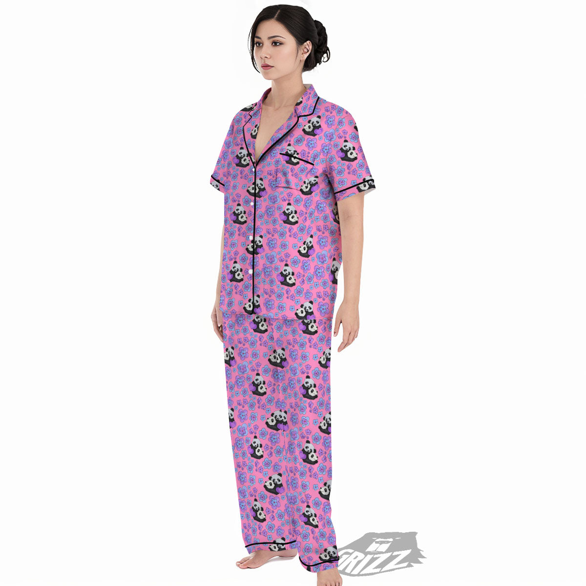 Flower And Purple Panda Print Pattern Women's Pajamas Set-grizzshop