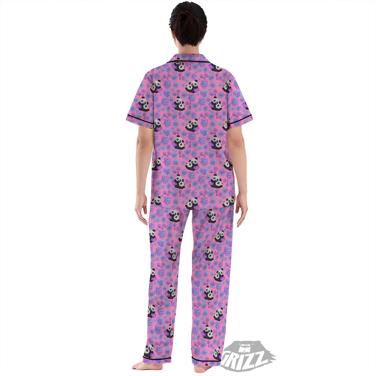 Flower And Purple Panda Print Pattern Women's Pajamas Set-grizzshop