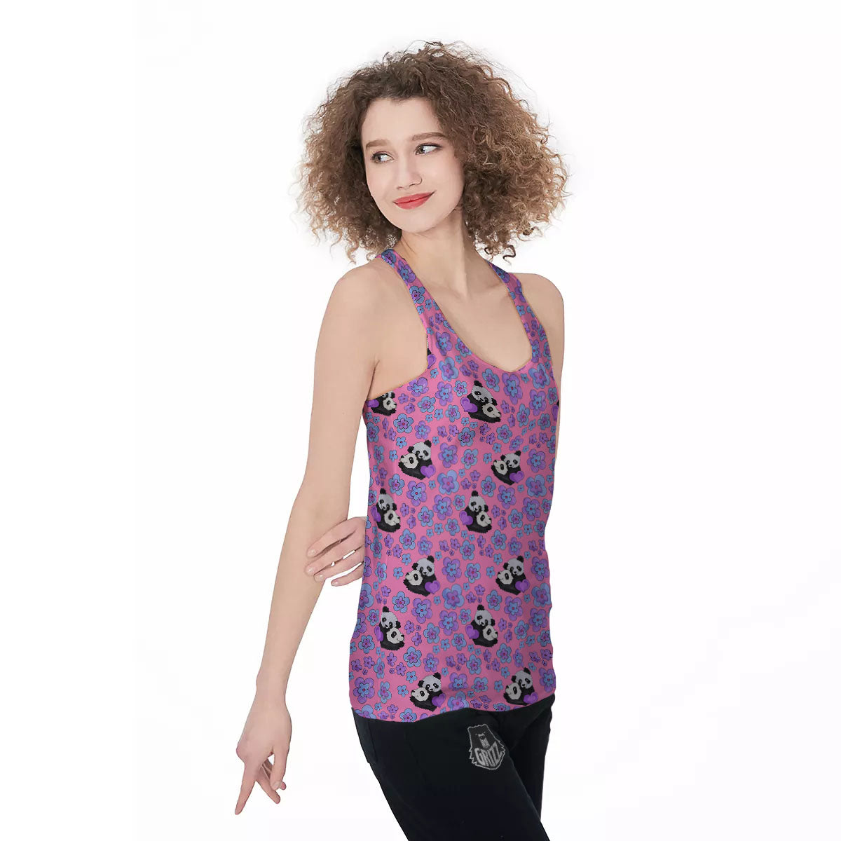 Flower And Purple Panda Print Pattern Women's Racerback Tank Top-grizzshop