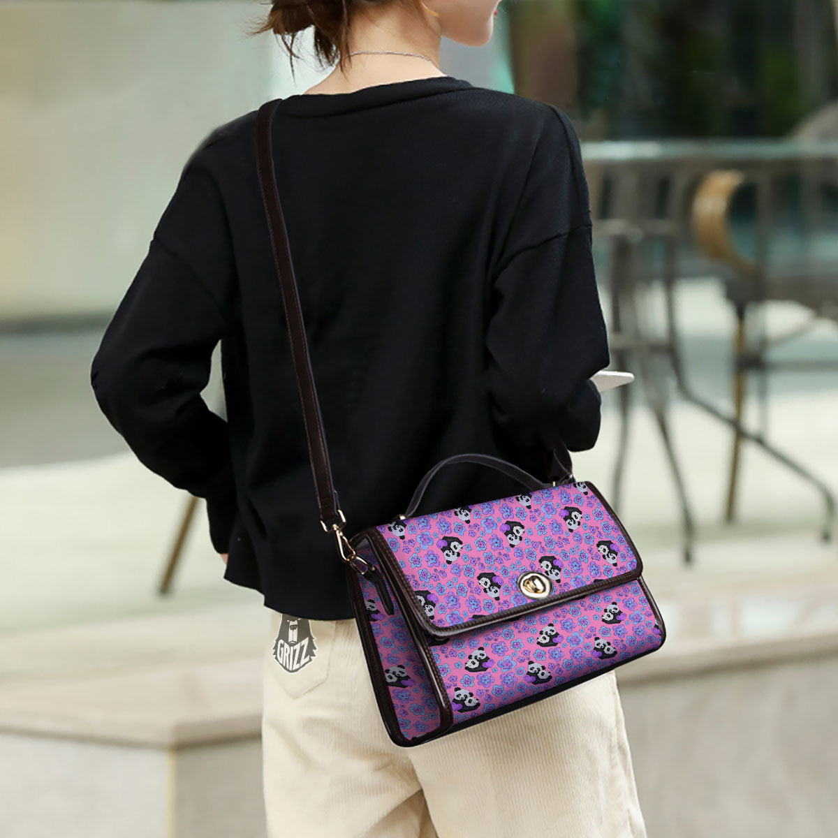 Flower And Purple Panda Print Pattern Women's Satchel Bag-grizzshop