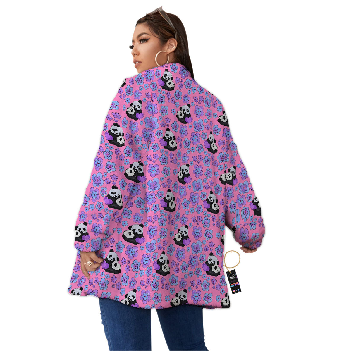 Flower And Purple Panda Print Pattern Women's Sherpa Jacket-grizzshop