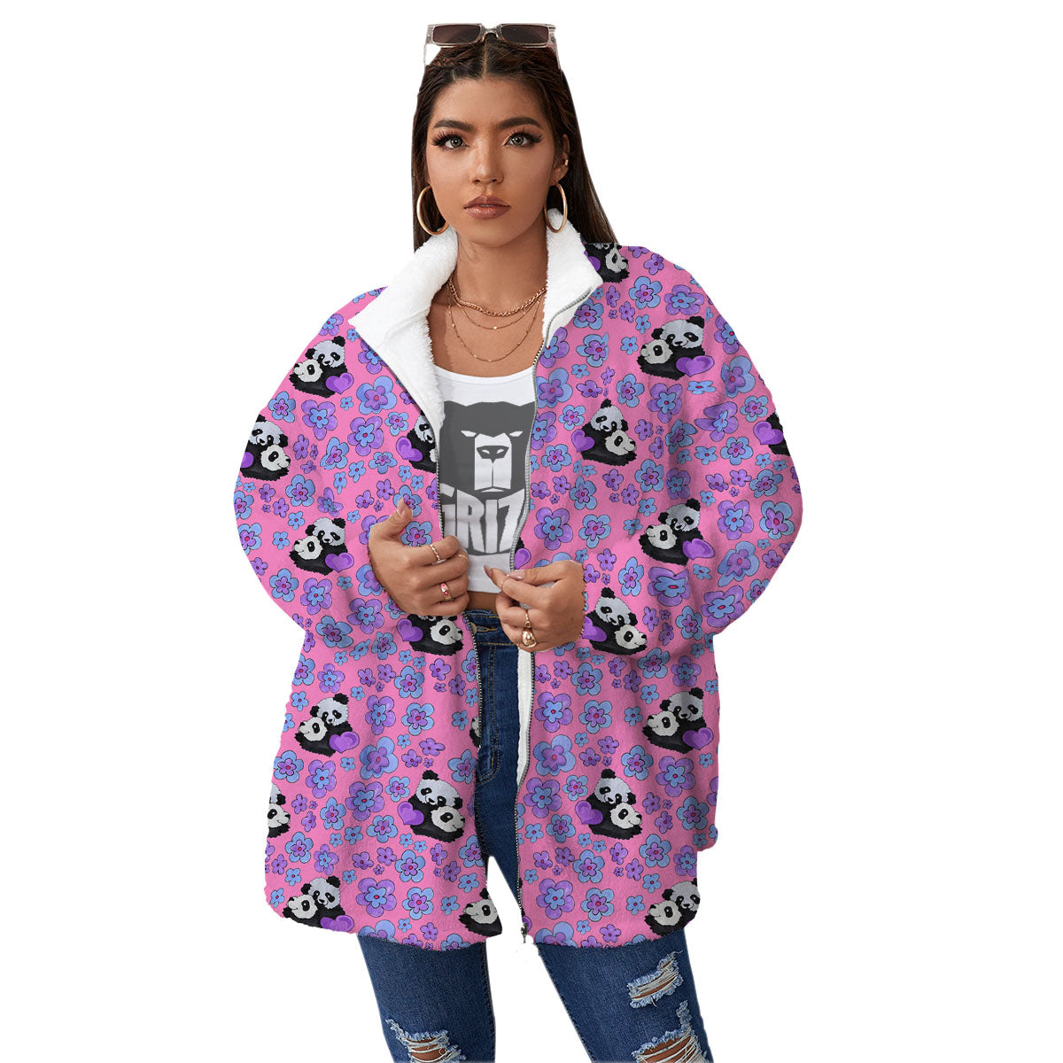 Flower And Purple Panda Print Pattern Women's Sherpa Jacket-grizzshop